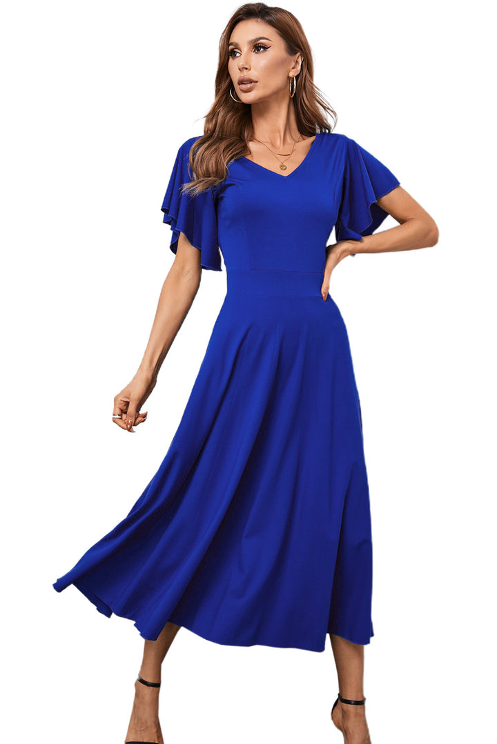 Blue V Neck Ruffled Sleeves Flare Long Formal Dress