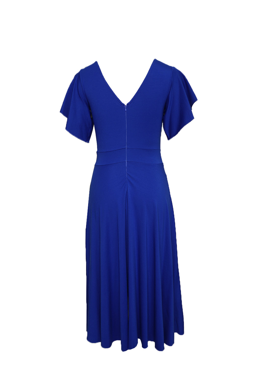 Blue V Neck Ruffled Sleeves Flare Long Formal Dress
