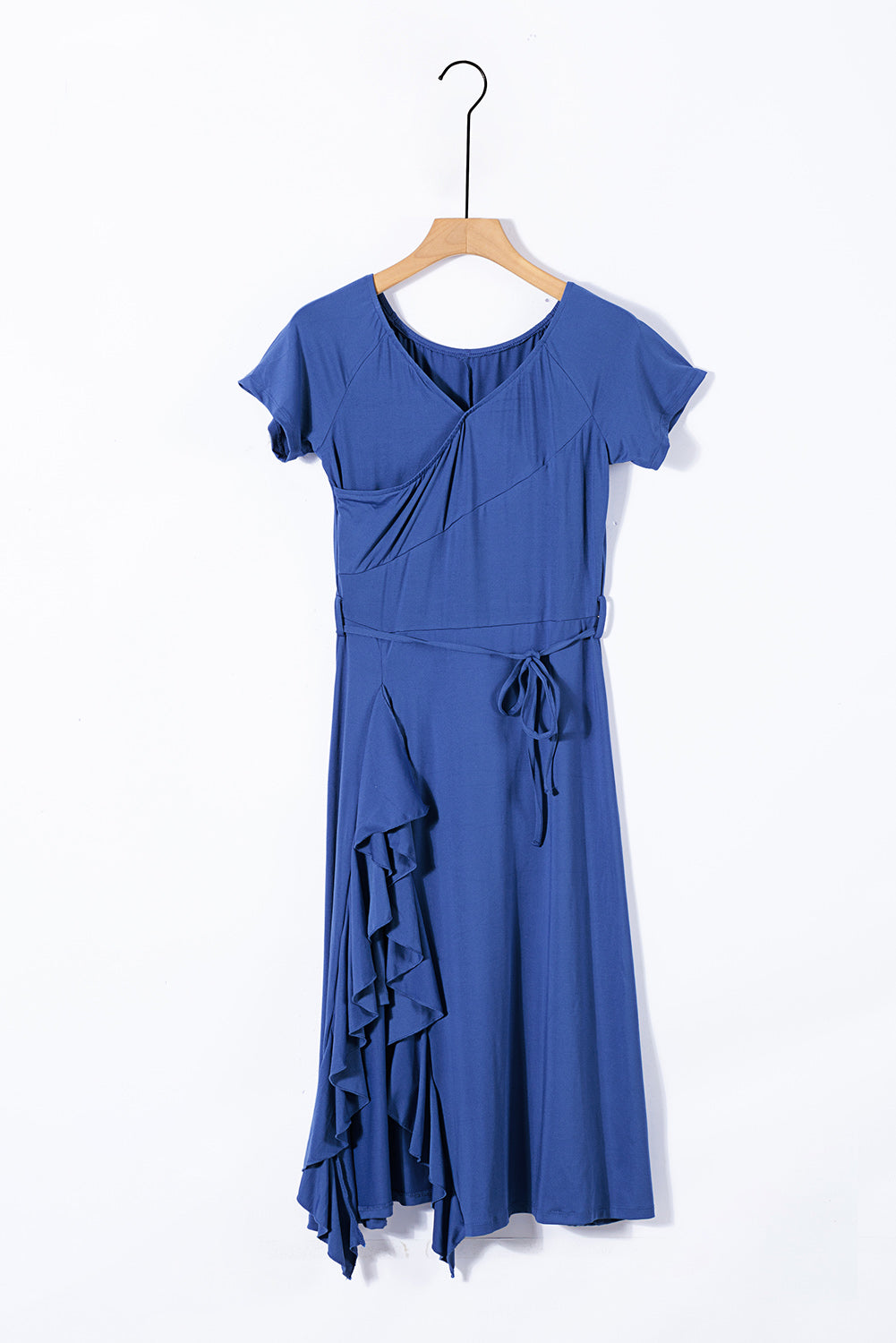 Blue V Neck Short Sleeve Ruffle Belted Midi Dress