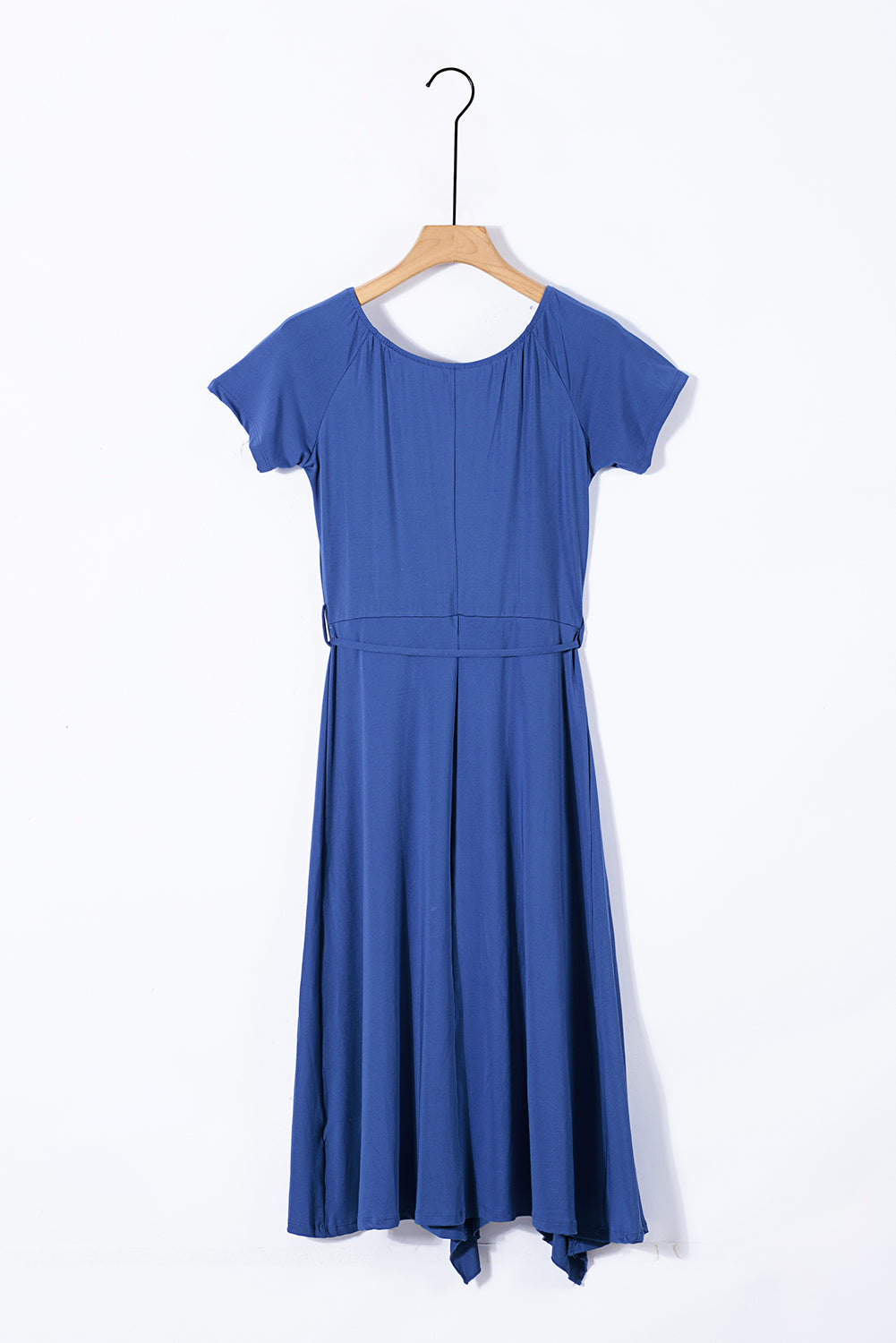 Blue V Neck Short Sleeve Ruffle Belted Midi Dress
