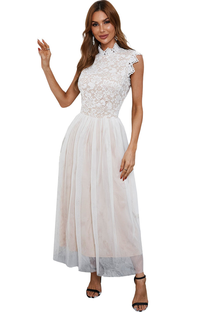 Chic White High Neck Sleeveless Crochet Lace Mesh Lined Prom Evening Dress