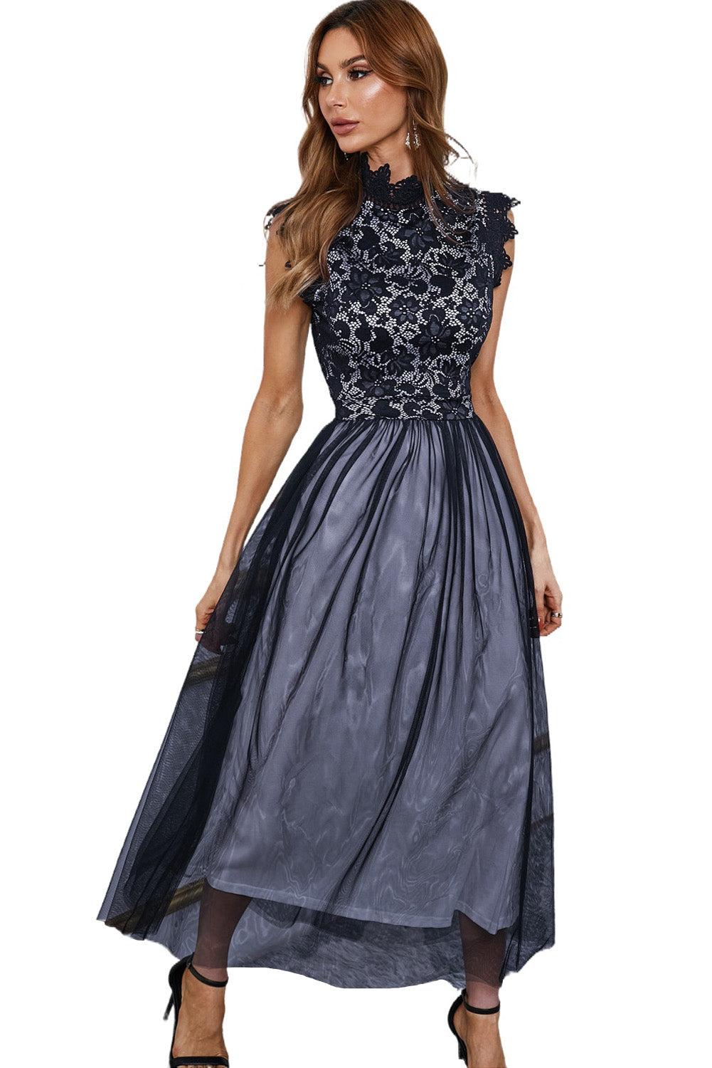 Black High Neck Sleeveless Crochet Lace Mesh Lined Prom Evening Dress