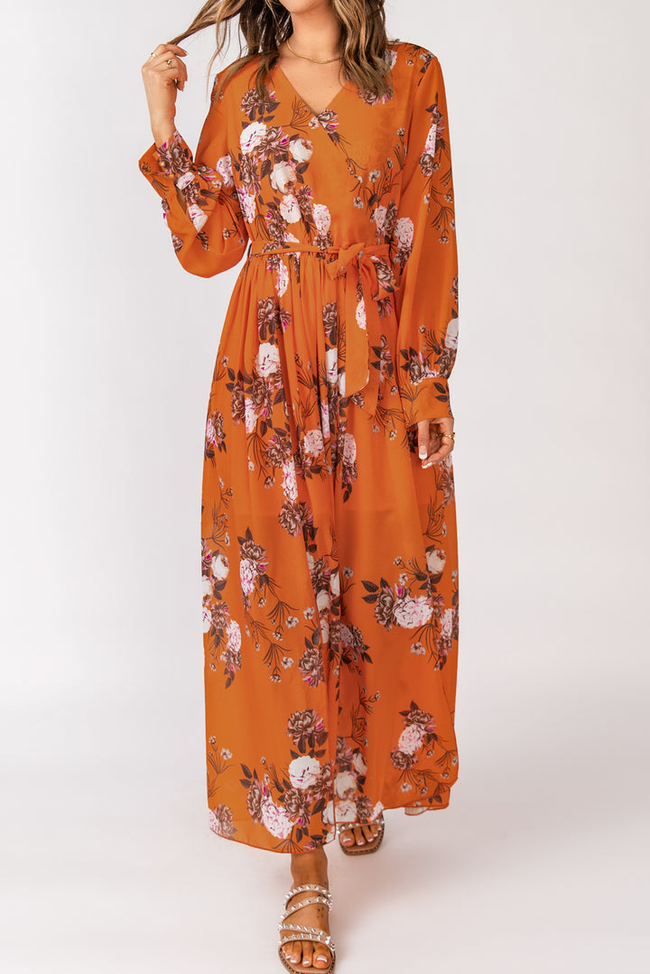 Orange Floral Print Lace-up Ruffled V Neck Maxi Dress with A Slit