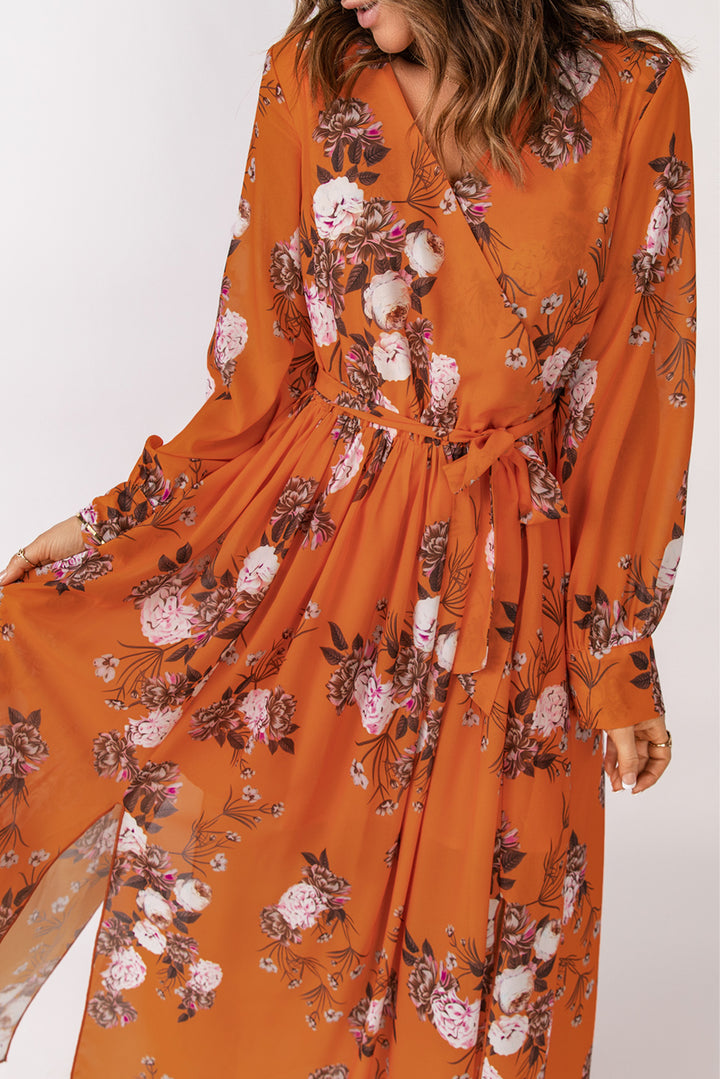 Orange Floral Print Lace-up Ruffled V Neck Maxi Dress with A Slit