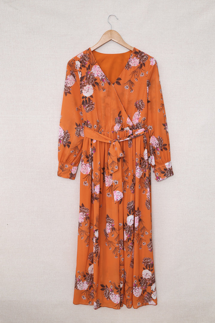 Orange Floral V Neck Maxi Dress