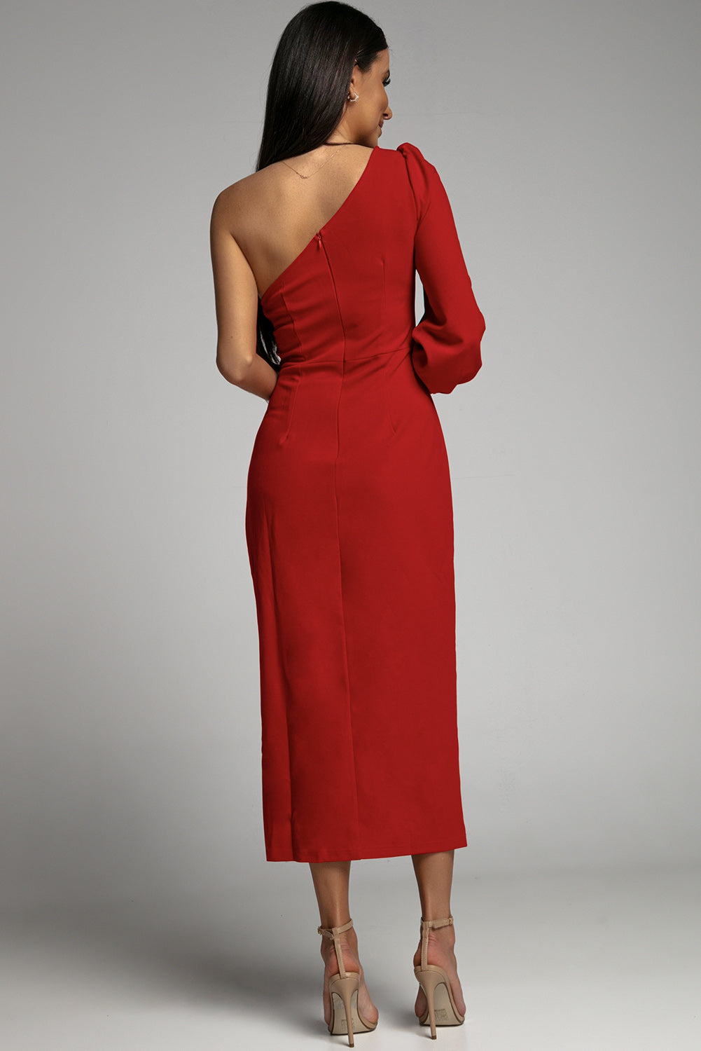 Red One Shoulder Puff Sleeve Split Midi Dress