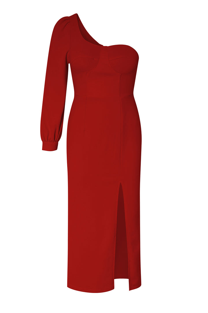 Red One Shoulder Split Midi Dress