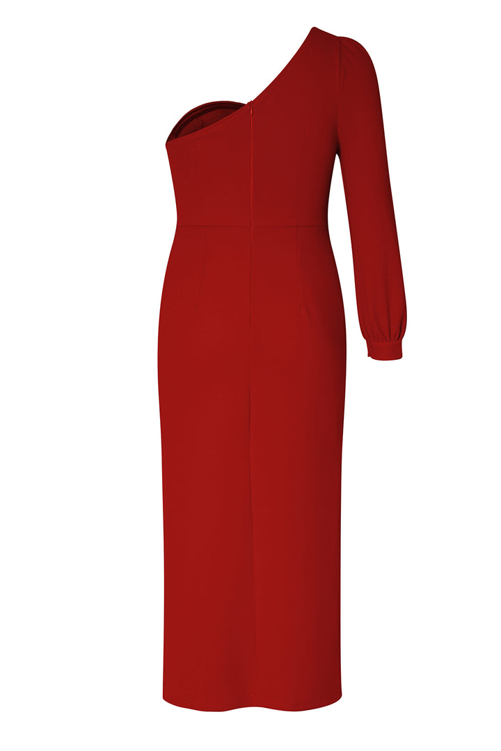 Red One Shoulder Split Midi Dress