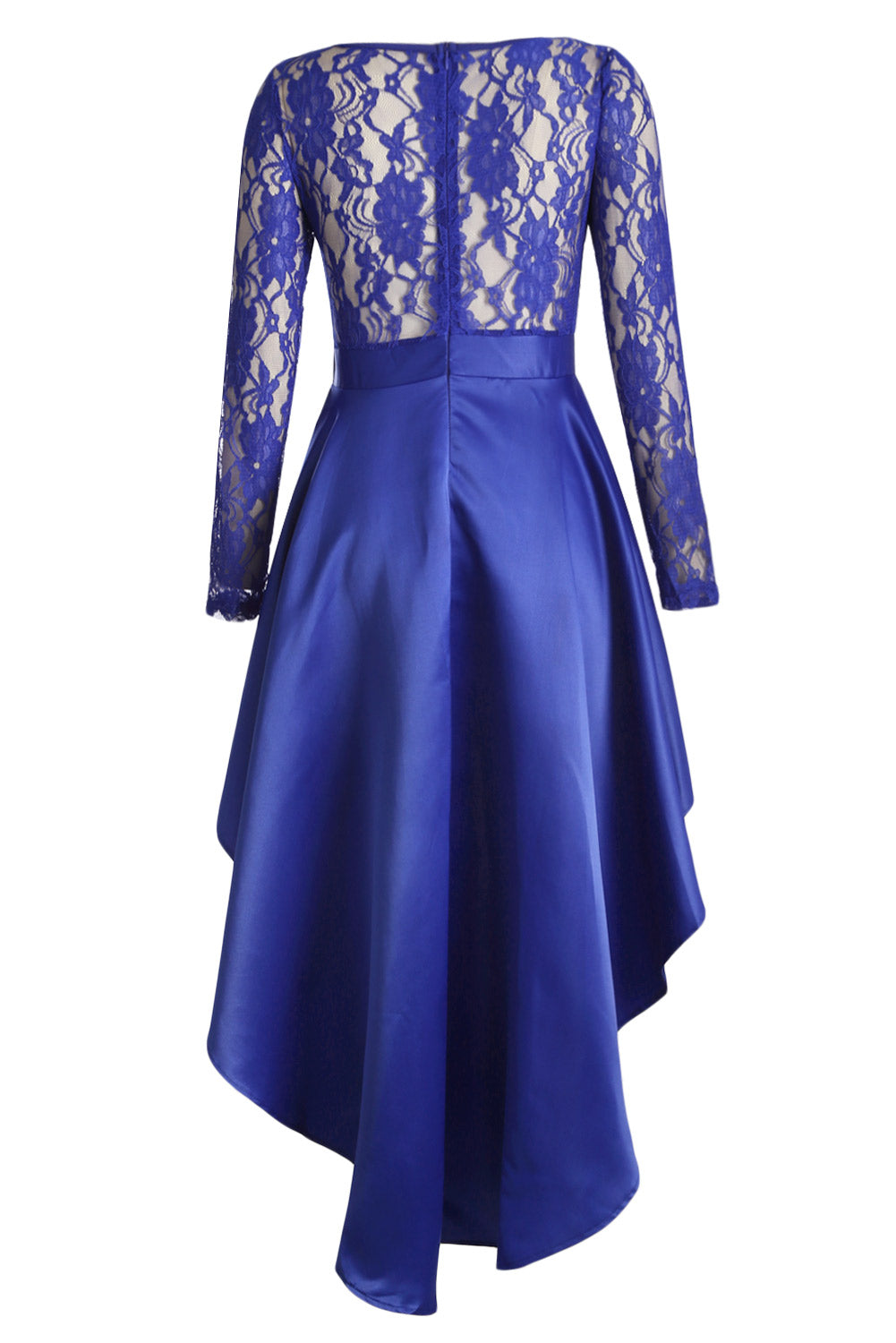 Royal Blue Lace Long Sleeve High Low Satin Prom Dress
