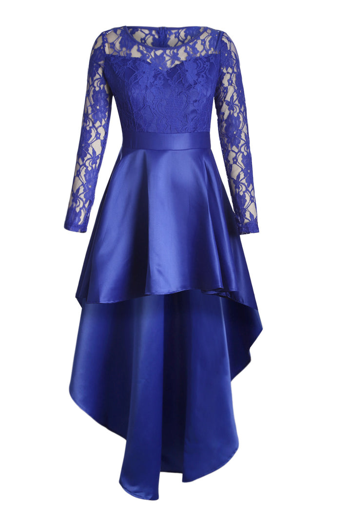 Royal Blue Lace Long Sleeve High Low Satin Prom Dress
