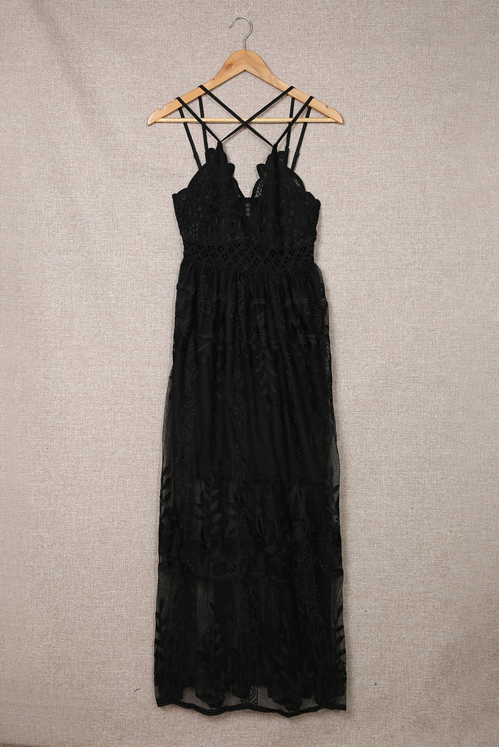 Black Lace Crisscross Backless Maxi Party Dress