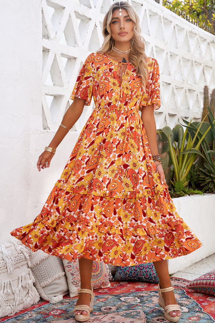 Orange Bohemian Flutter Sleeve Maxi Floral Dress