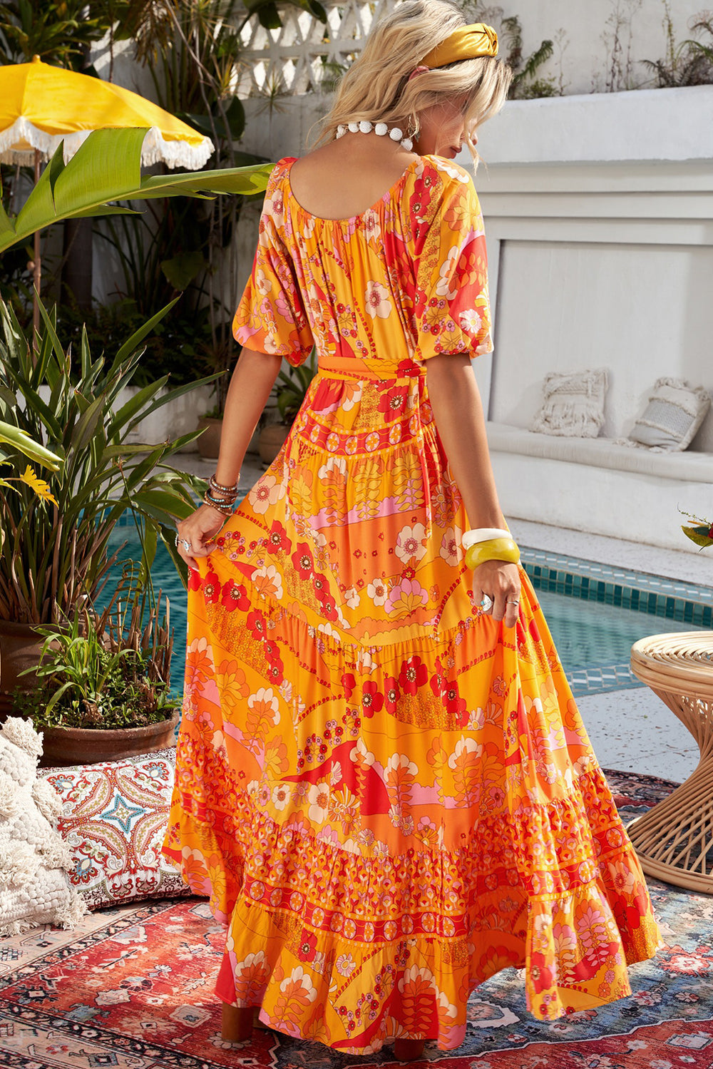 Chic Orange Boho Empire Waist Floral Long Dress