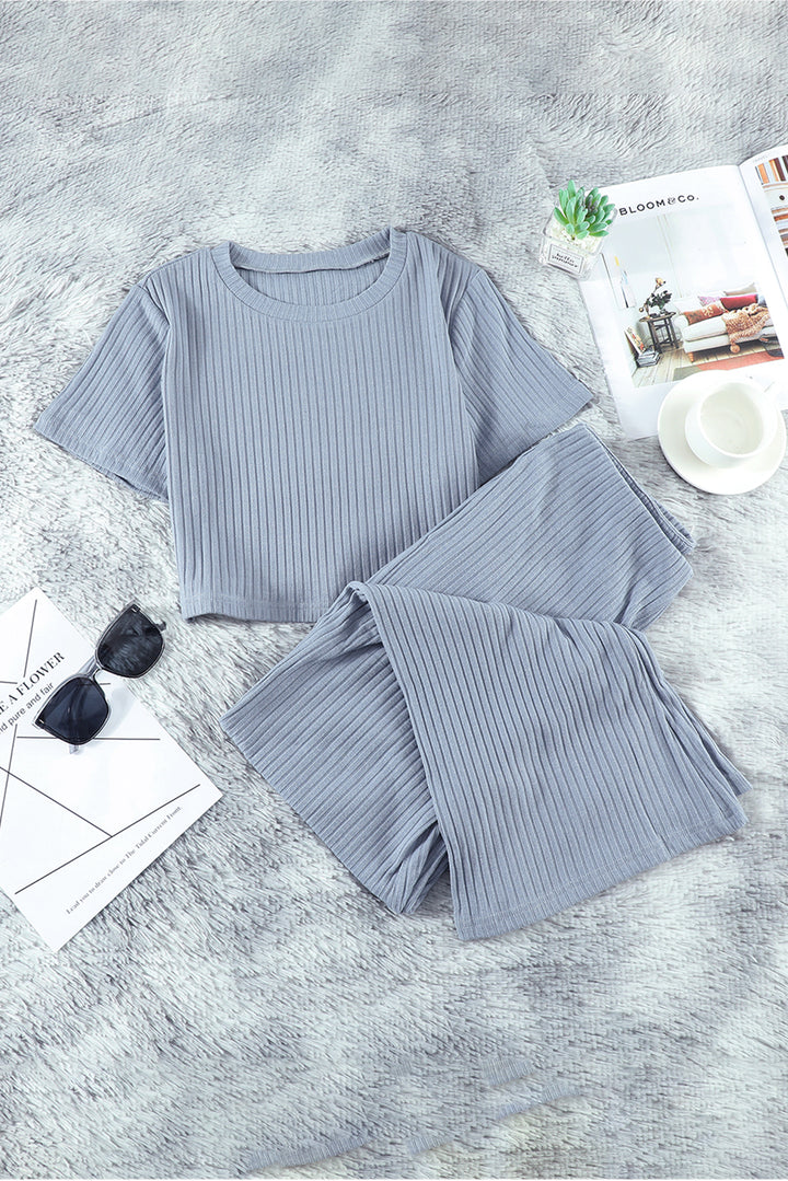 Women's Gray Cropped Tee and Wide Legs Pants Ribbed Knit Lounge Set