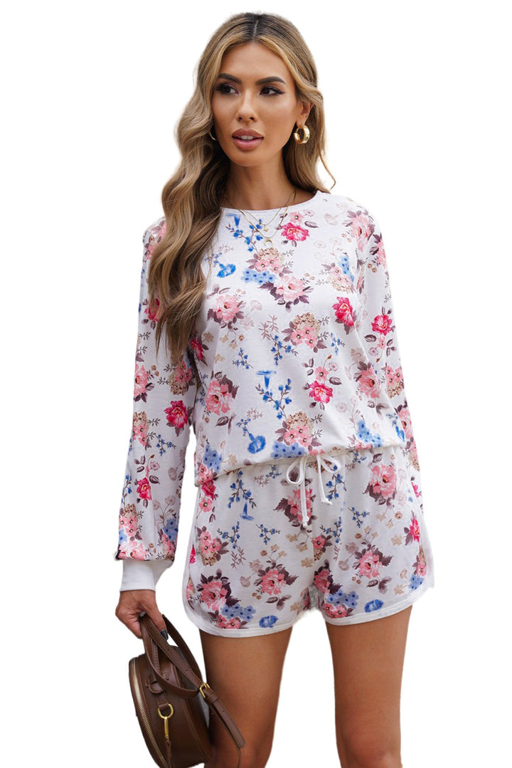 White Floral Print Long Sleeve Top and Elastic Waist Shorts Set