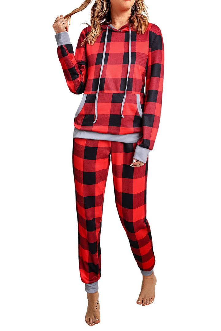 Cute Red Plaid Pocket Drawstring Christmas Hooded Pajamas Set