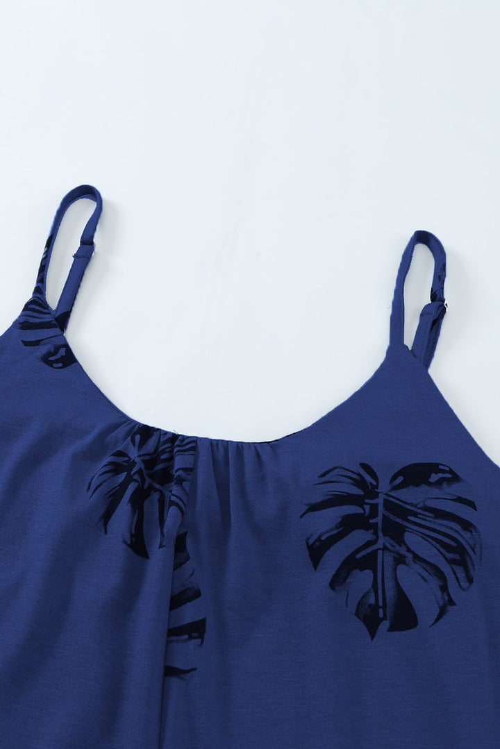 Summer Blue Palm Leaves Print Spaghetti Strap Wide Leg jumpsuit