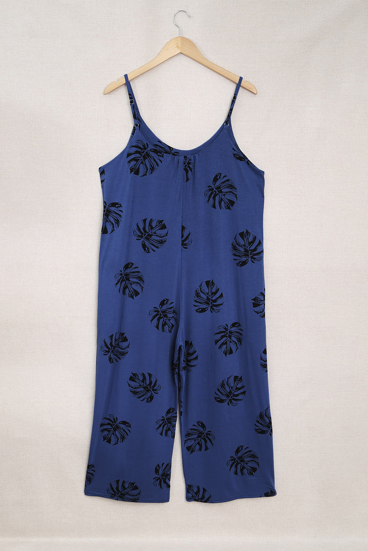 Summer Blue Palm Leaves Print Spaghetti Strap Wide Leg jumpsuit