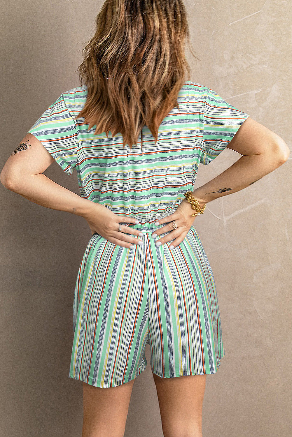 Casual Green Striped Short Sleeve Romper