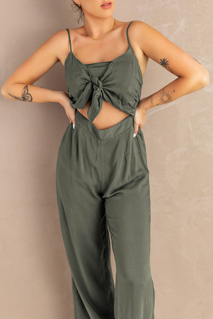 Gray Knotted Hollow-out Front Sleeveless Wide Leg Jumpsuit
