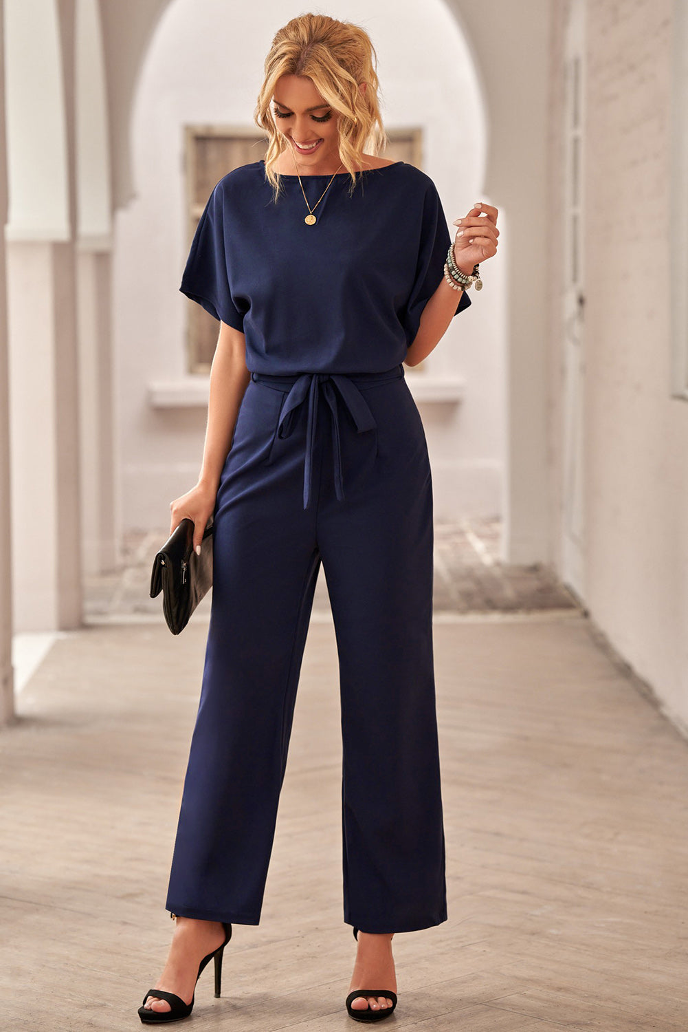 Chic Blue Oh So Glam Belted Wide Leg Jumpsuit