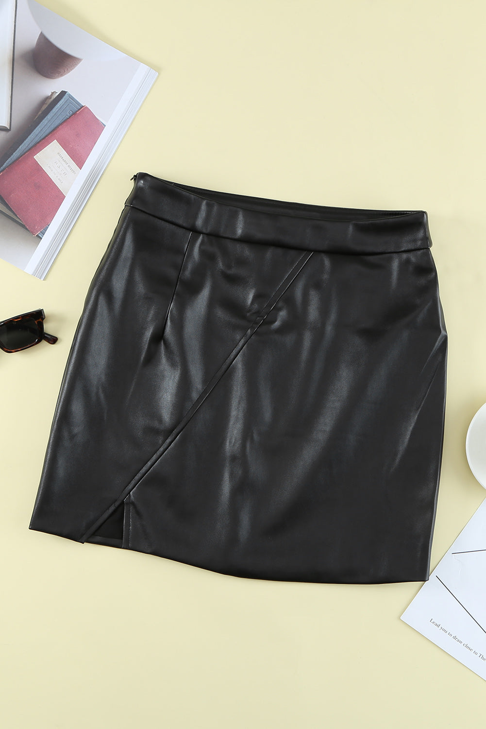 Black Faux Leather High Waist Mini Skirt with Slit