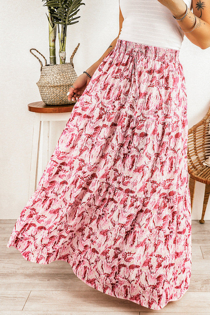 Pink Floral Printed Lace-up High Waist Maxi Skirt