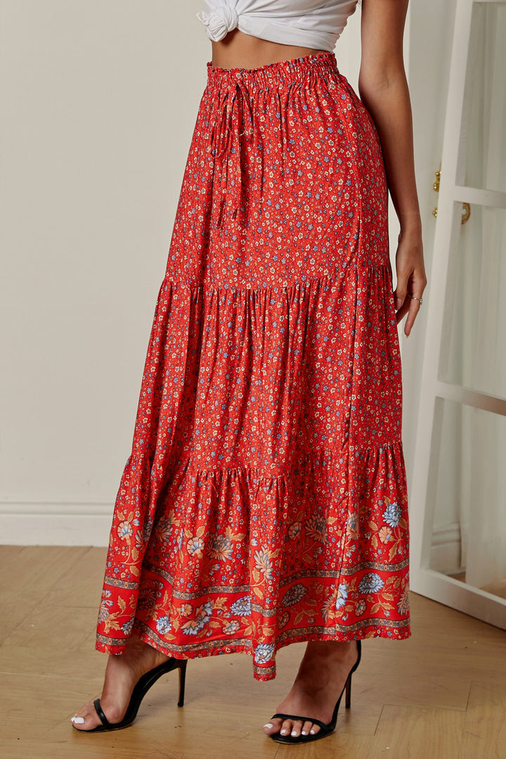 Red Boho Floral Print Elastic High Waist Pleated Maxi Skirt