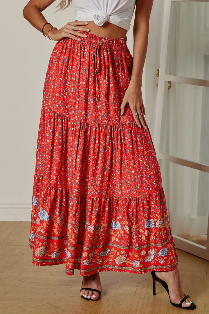 Red Boho Floral Print Elastic High Waist Pleated Maxi Skirt