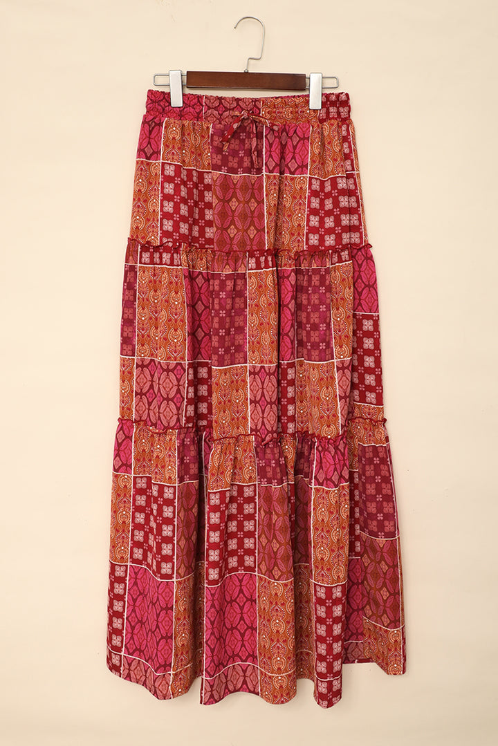 Red Tiered Paisley Print Pocketed Boho Maxi Skirt