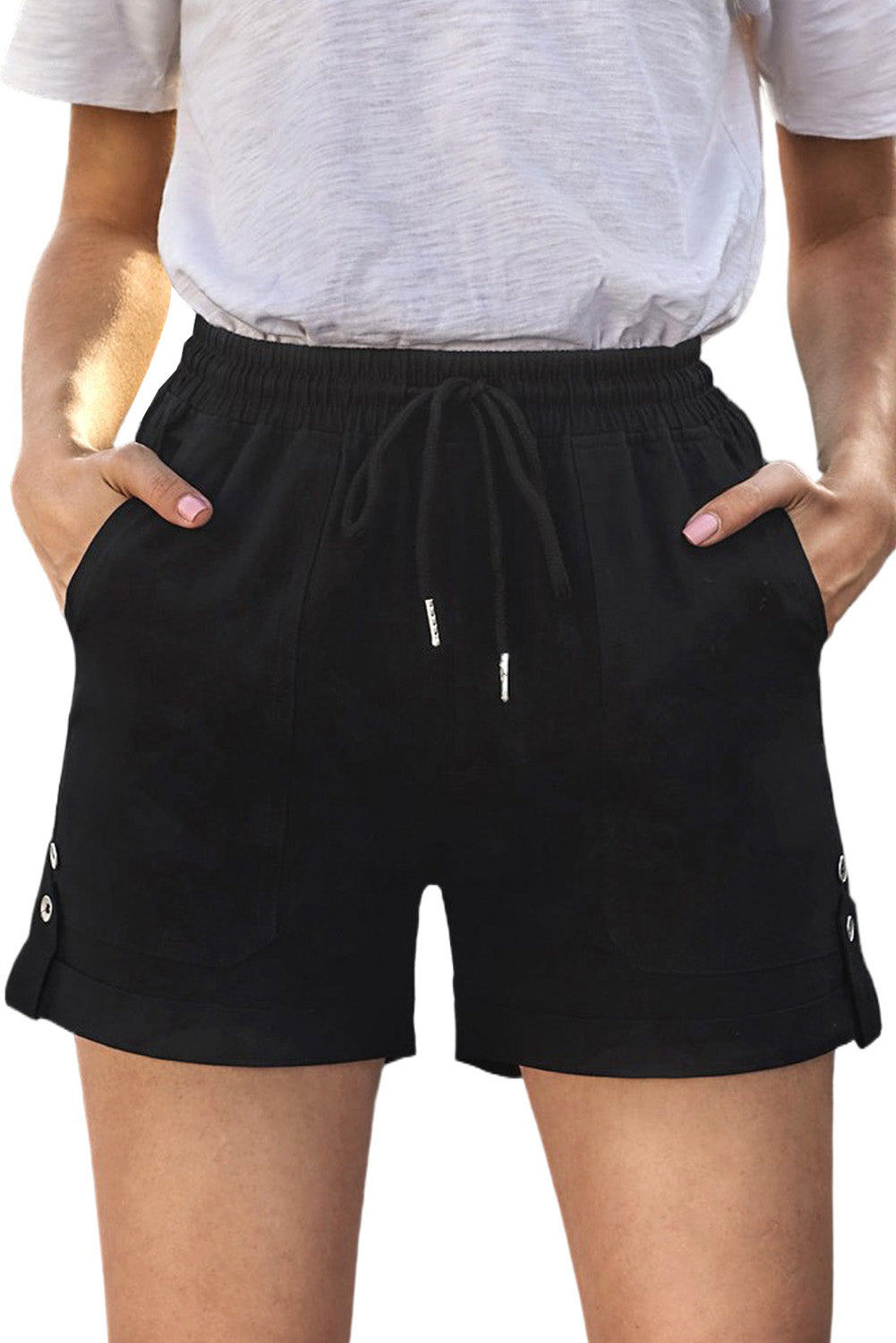 Casual Black Elastic Waistband Pocket Drawstring Shorts with Button