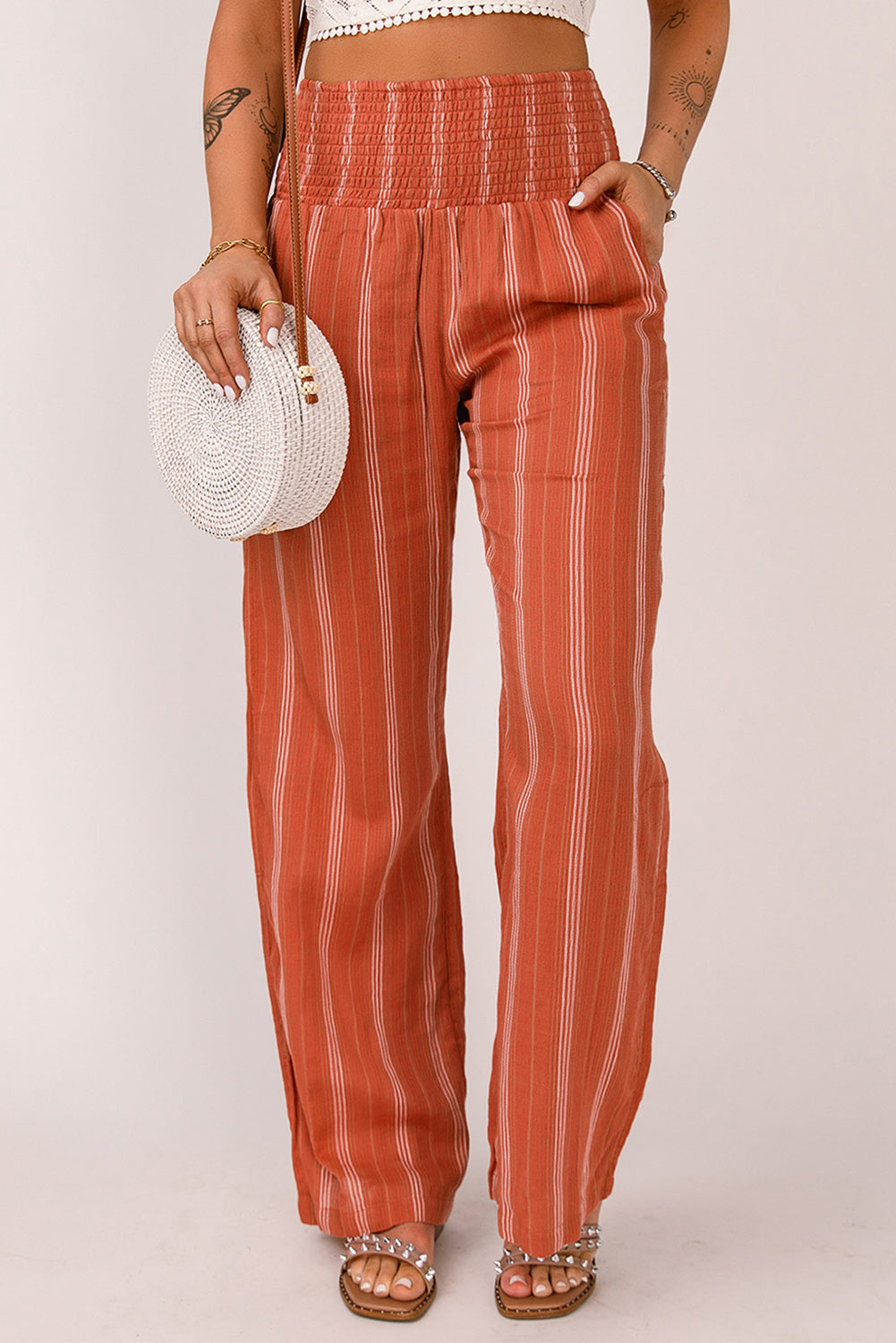 Orange Striped Shirred High Waist Straight Leg Pants