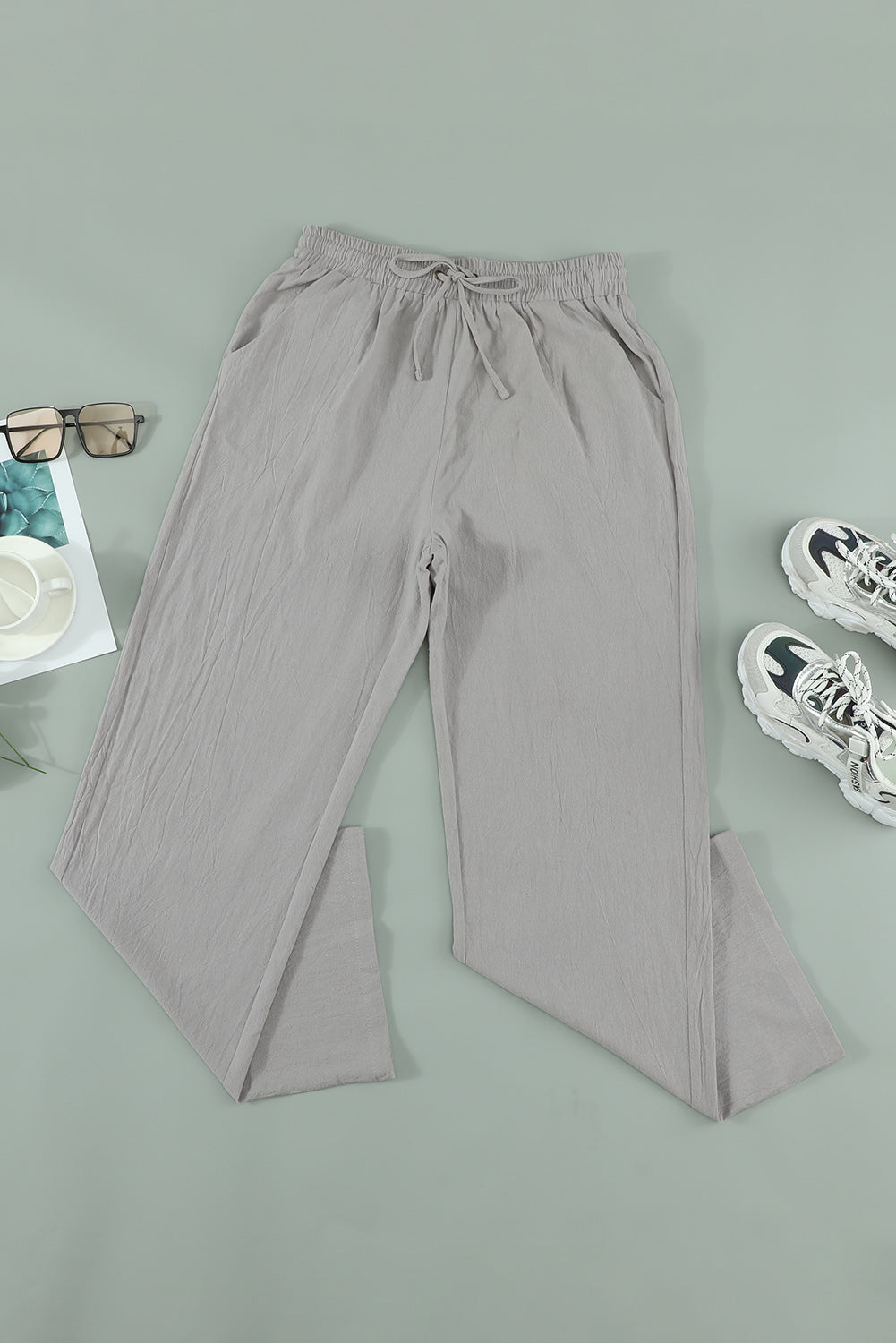 Women's Gray Drawstring Elastic Waist Pockets Long Straight Legs Pants