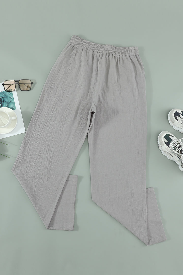 Women's Gray Drawstring Elastic Waist Pockets Long Straight Legs Pants