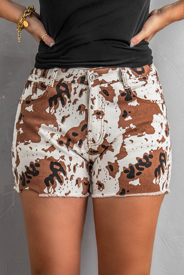 Womens Brown Cow Print Denim Shorts with Pockets