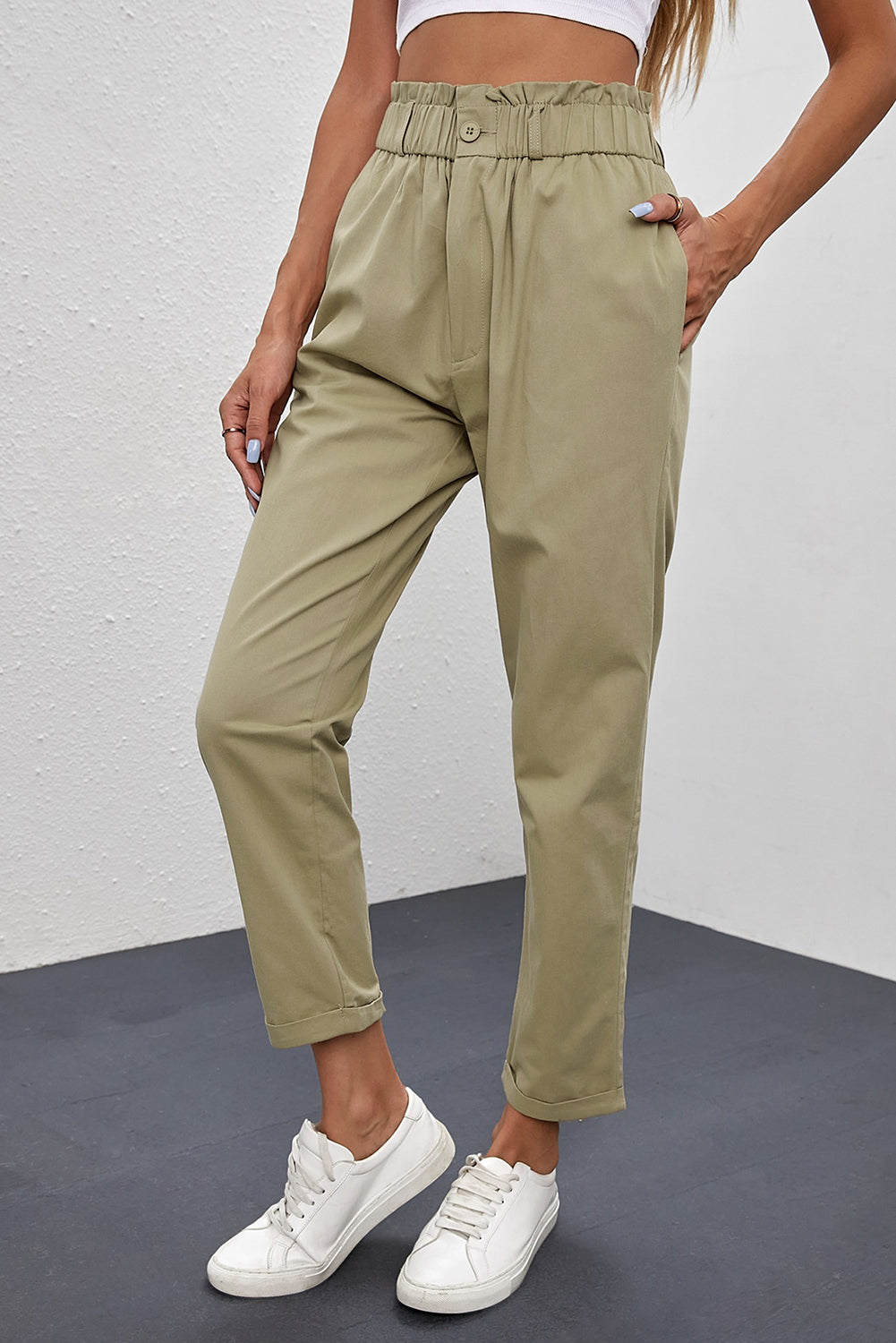 Womens Khaki High Rise Paper Bag Waist Pocketed Casual Pants