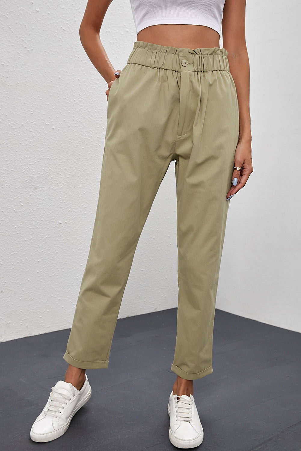 Womens Khaki High Rise Paper Bag Waist Pocketed Casual Pants