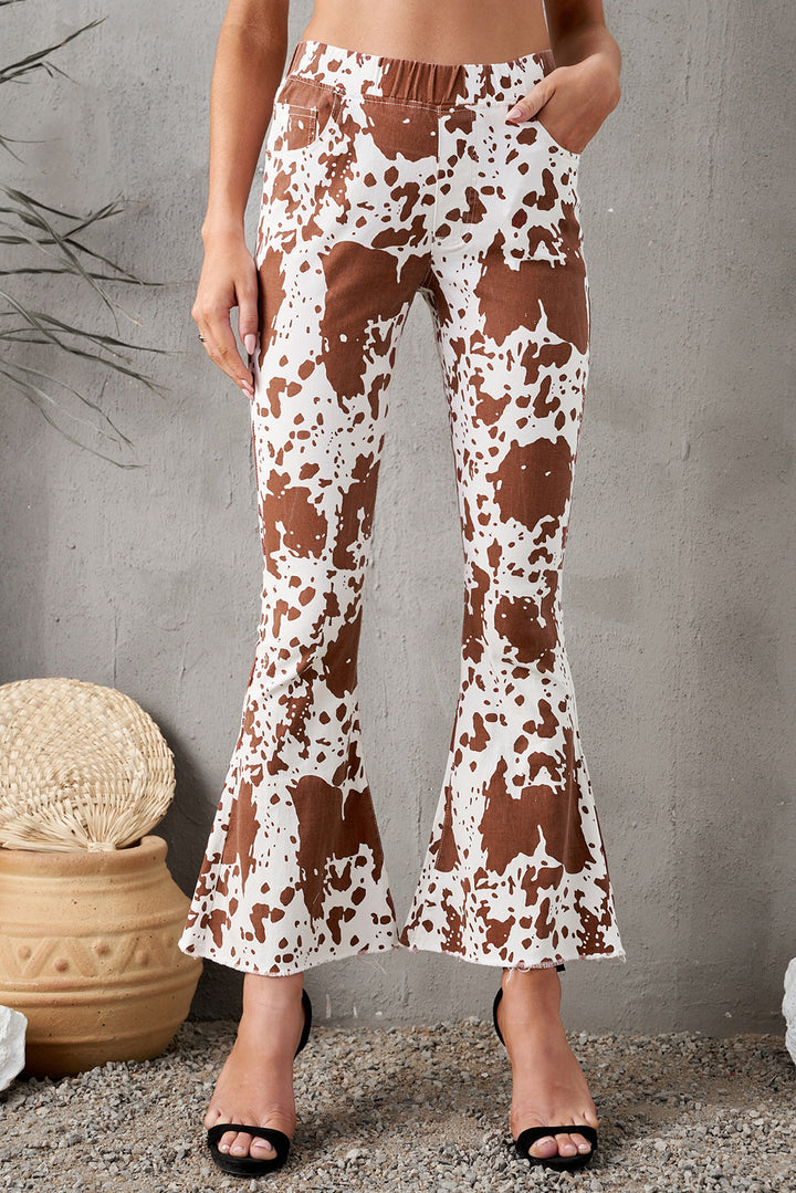 Womens Brown Cow Print High Waisted Flared Pants