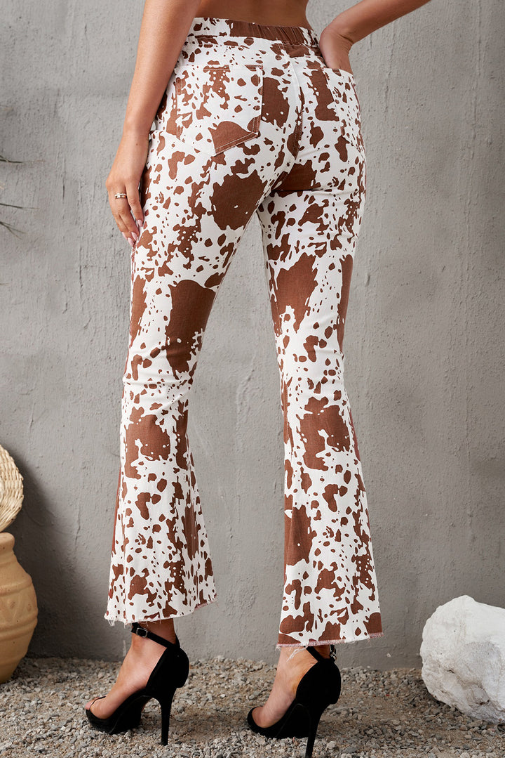 Womens Brown Cow Print High Waisted Flared Pants