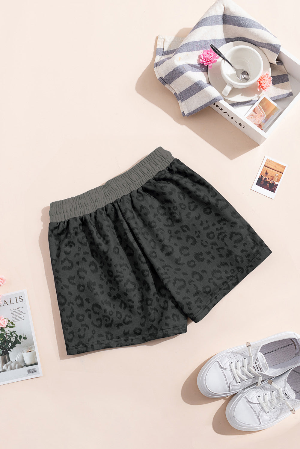 Gray Leopard Print Drawstring Waist Women Casual Shorts