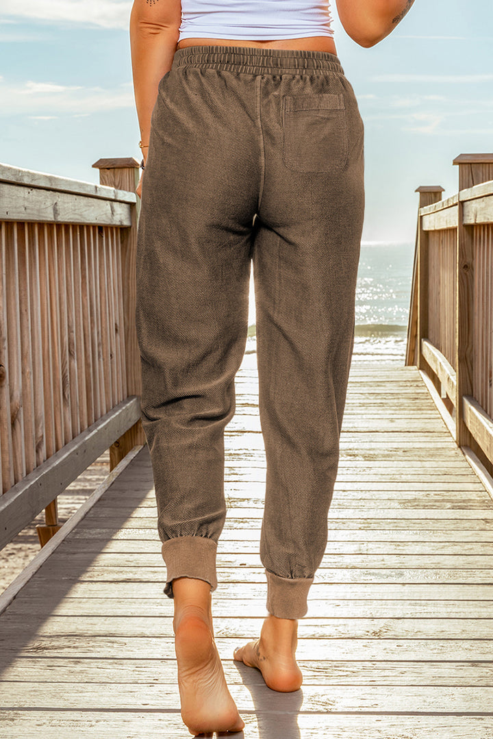 Casual Brown Elastic Waist Jogger Pants with Pockets