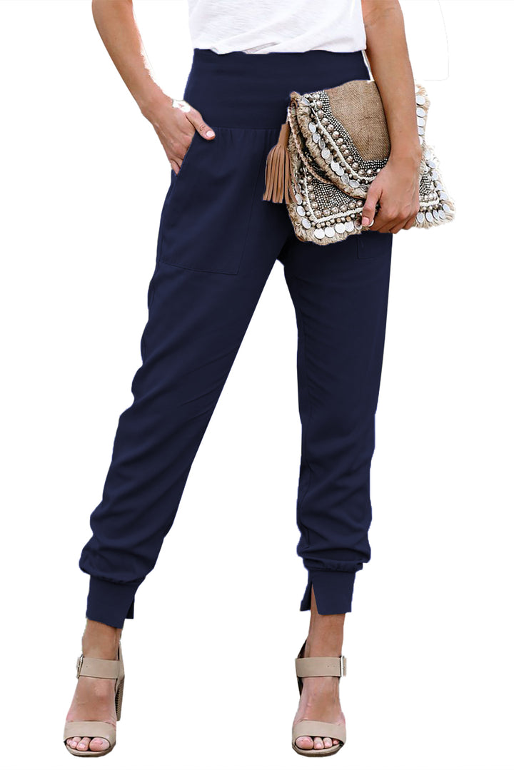 Women Casual Blue Pocketed Stretchy High Waistband Cotton Joggers