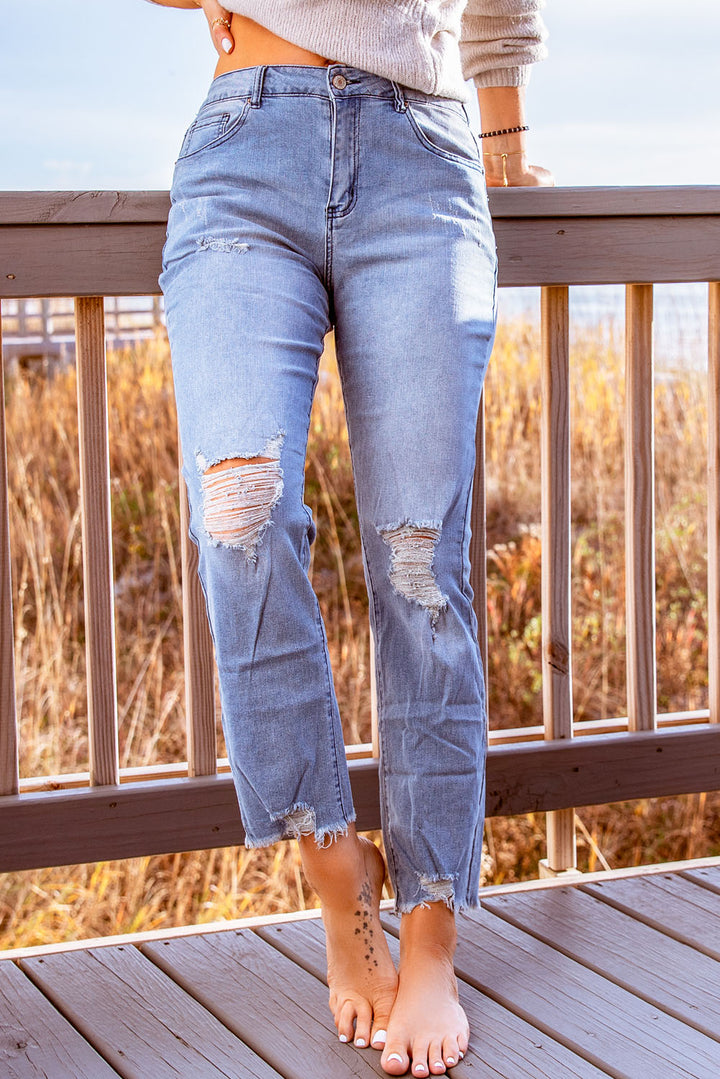 Sky Blue Ripped Slim Fit Washed Jeans