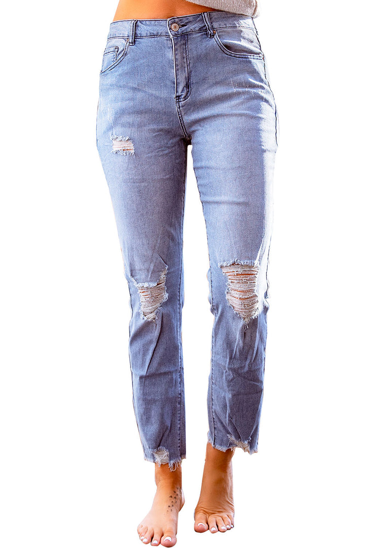 Sky Blue Ripped Slim Fit Washed Jeans