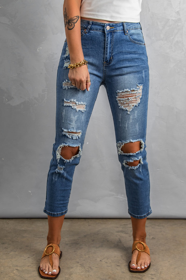 Distressed Holes Crop Jeans