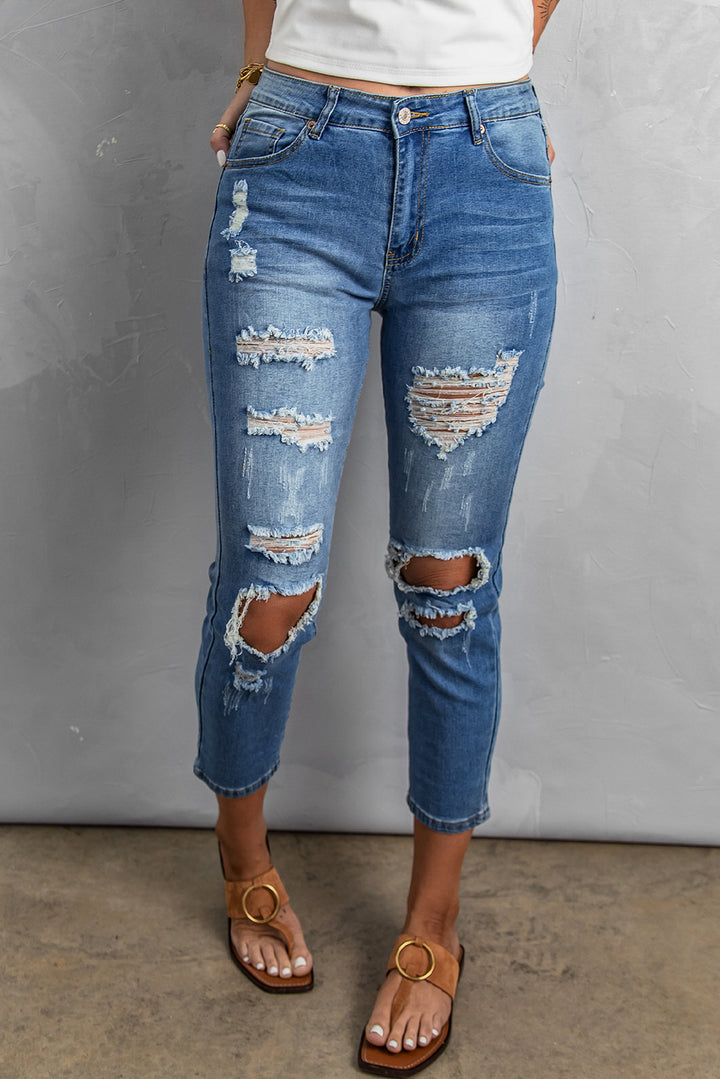 Distressed Holes Crop Jeans