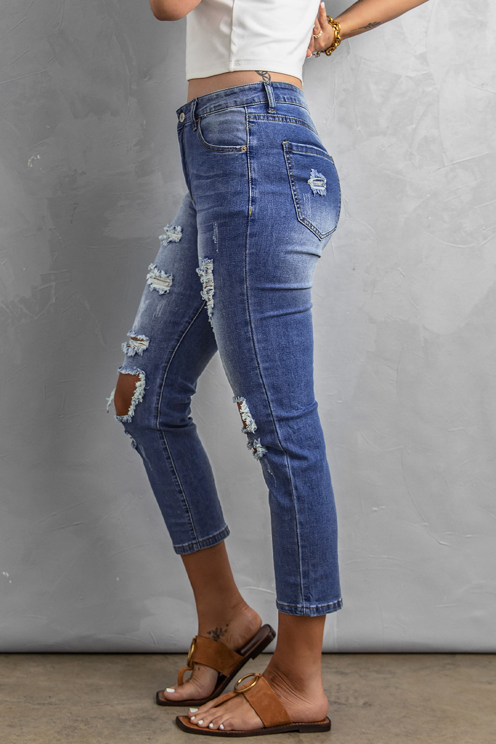 Women Fashion Blue Fading Distressed Holes Crop Jeans