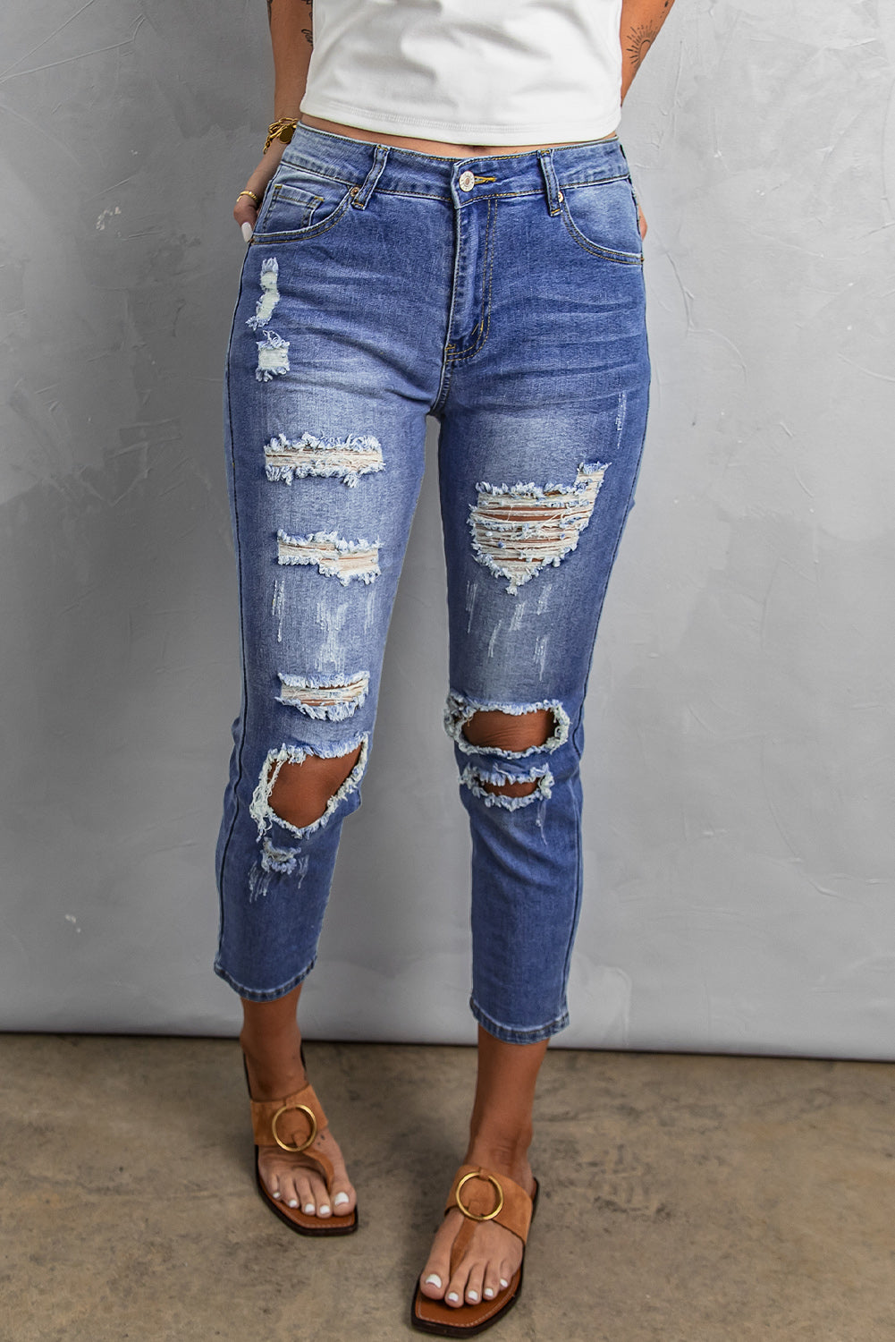 Women Fashion Blue Fading Distressed Holes Crop Jeans