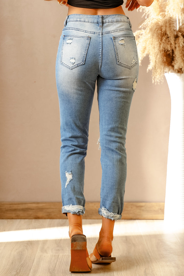Fashion Light Blue Washed Ripped Straight Legs Jeans