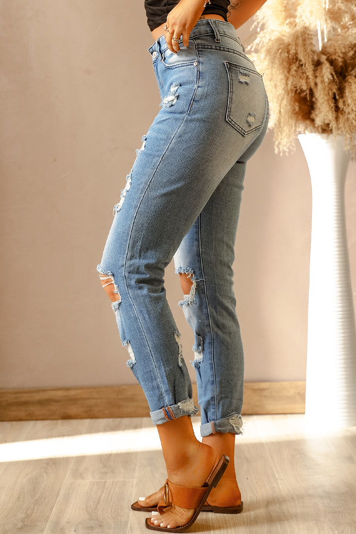 Fashion Light Blue Washed Ripped Straight Legs Jeans